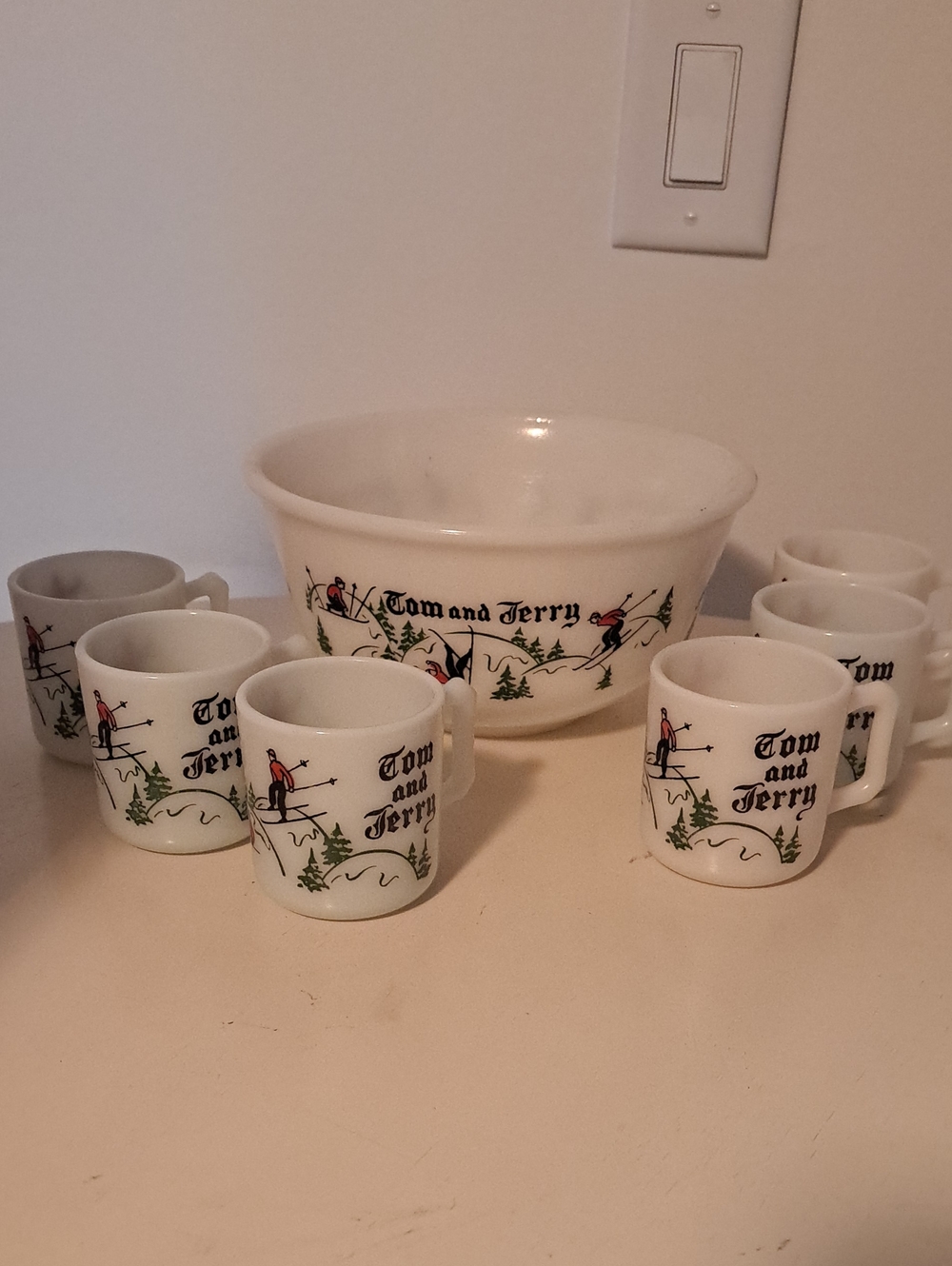 Tom and Jerry White Milk Glass Punch Bowl and Mug Set Down Hill Skiers